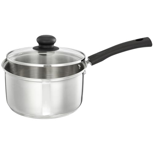 Amazon Brand – Solimo Cookware Saucepan with Glass Lid (2L) | Triply Stainless Steel | Spill-Proof Edges | Ergonomic Handles|Induction and Gas Stove Compatible