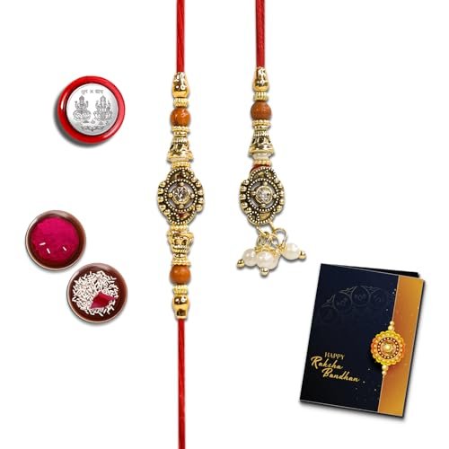 Oblivion Rakhi Set for Bhai and Bhabhi –Beaded Gold for Bhai 1 Pc and Lumba for Bhabhi 1 Pc– Silver Color Pooja Coin and Greeting Card Combo