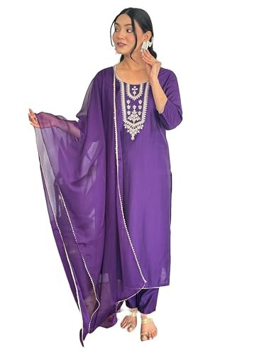 Alvami Women’s Silk Embroidery Straight Kurta and Pant Set with Dupatta (Sitara_Purple_AL_S)