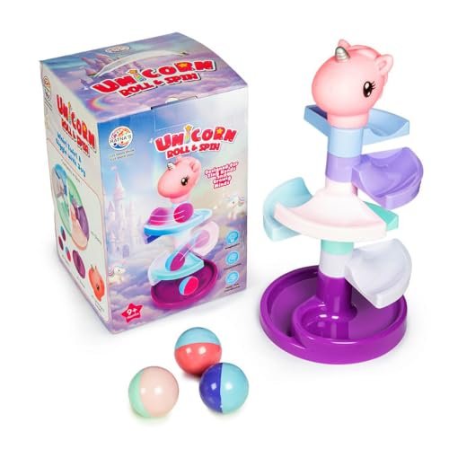 Ratna’s Unicorn Roll & Spin Toy with Squeezy Head, Spiral Ball Track Stacking Tower, 3 Colorful Rolling Balls, 35 cm Height, Educational Toys for 6+ Month Old Baby
