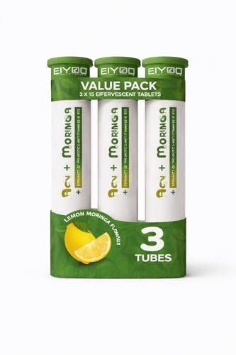 EIYOQ ACV + Moringa Effervescent Tablets With Probiotics, Vitamin B6 & B12 Lemon Masala Flavor Digestion, Detox & Energy Support 15 Tablets Tube (Pack of-3)