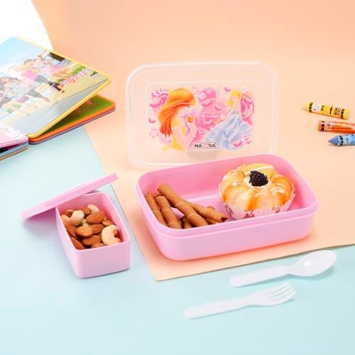 Nayasa Ninja 2 Compartment BPA-Free Plastic Lunch Box for Kids Girls | Barbie Print | Leak Proof Push Lock | Pink