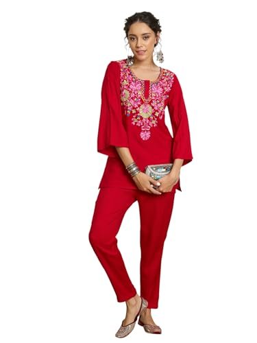 Shae By SASSAFRAS Women Red Woollen Embroidered Round Neck Short Kurta With Pencil Pants -XXL