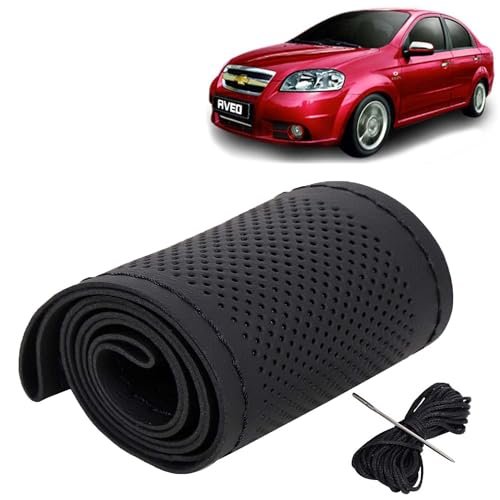 KINGSWAY® PU Leatherite Car Steering Cover Sewable Compatible with Chevrolet Aveo (Year 2007-2015), Black Color with Black Thread, Pack of 1 with Sewing Needle and Thread