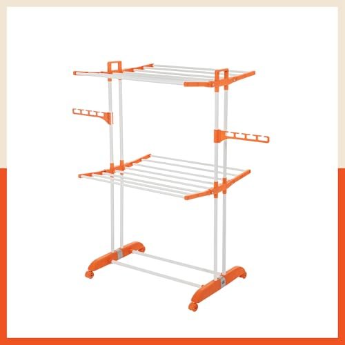 Bathla 2 Level Modular Cloth Drying Stand with Wheels – Rustproof Portable Steel Laundry Rack (Orange – Medium) – Clothes Dryer for Balcony, Indoor & Outdoor Use
