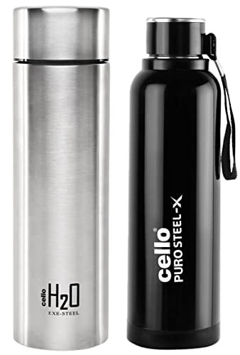 Cello Puro Steel-X Benz Stainless Steel Water Bottle with Inner Steel and Outer Plastic, 900 ml (Black) & H2O Stainless Steel Water Bottle, 1L, Silver, Pack of 1