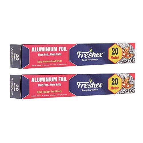 Freshee 20m Disposable Silver Foil Roll for Food Wrapping, Pack of 2 11 Micron Thick Aluminium Foil for Reheating Baking Roasting Freezing Food for Parcel and Delivery