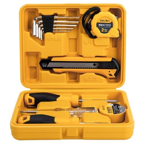Deli DL1011J 11 Piece Household Tool Kit Portable & Compact with Test Pen Electrical Tape Measure Tape Screwdrivers Utility Knive 5-Hex Keys and Storage Box for DIY Home Repair (Yellow)