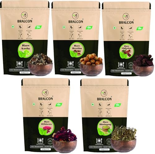 BRALCON Natural Raw Reetha, Amla, Shikakai, Bhringraj, Hibiscus Combo – 500g (100g x 5 Pack) | 100% Natural Whole Dried Shikakai, Reetha Nuts, Amla | Hair Growth | Hair & Skin Care | Pure Raw Form