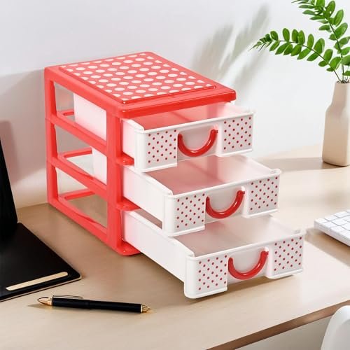 Kuber Industries 3-Tier Drawer Stationary Oragnizers for Desk & Pen Holder For Study Table | Pencil Stand/Box for Students | Dots-White & Red