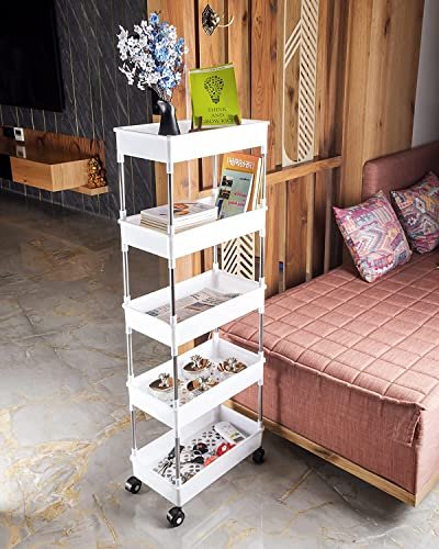 Rasvesh 5 Layer Plastic Kitchen Storage Trolley Rack with Caster Wheels, Rolling Utility Plastic Kitchen Trolley