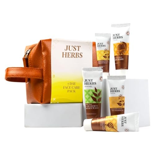 Just Herbs 7 Days Face Care Pack Skincare Essentials Combo with Facewash | Honey Facial Gel | Honey Exfoliating Gel | Herbal Massage Cream and Anti Blemish Gel Perfect for Gifting Travel Kit Set for Men
