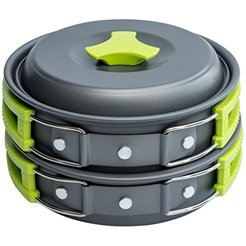 Camping Cookware Mess Kit Backpacking Gear & Hiking Outdoors Bug Out Bag Cooking Equipment 10 Piece Cookset | Lightweight, Compact, & Durable Pot Pan Bowls – Free Folding Spork, Nylon Bag, & Ebook