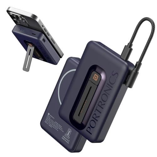 Portronics Revvo 15W Magsafe Wireless Powerbank 10000mAh Fast Charging Powerbank,Detachable Type C Cable,Mobile Stand,Type C Input/Output PD Port,iPhone 12 & Above,Android & Qi Enabled Devices(Blue)