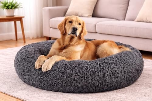 ZEXSAZONE Medium Grey Donut Pet Bed for Dogs & Cats | Summer Cooling & Winter Cozy Plush Bed | Round Calming Dog Bed with Raised Rim Support | 2-in-1 Reversible Both Sides | Washable Soft Pet Mattress