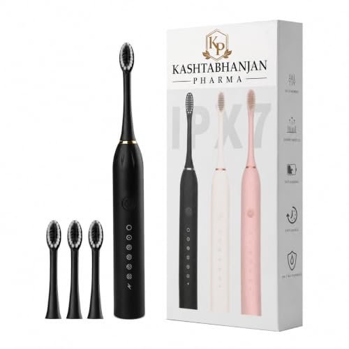 KASHTHABHANJAN PHARMA® Sonic Electric Toothbrush for Adults & Kids | 5 Cleaning Modes | 34000 Strokes/Min | USB Rechargeable | 4 Brush Heads | Waterproof IPX7 | Deep Cleaning Electric Tooth Brush (Multi)
