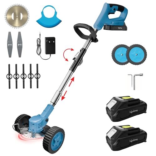 Lifelong Cordless Grass Cutter Machine for Garden | Weed Cutting Tool | Easy Storage with Adjustable Height & Foldable Handle | 2 x 21V Battery | 25cm Cutting Width | 3 x Heavy-Duty Blades