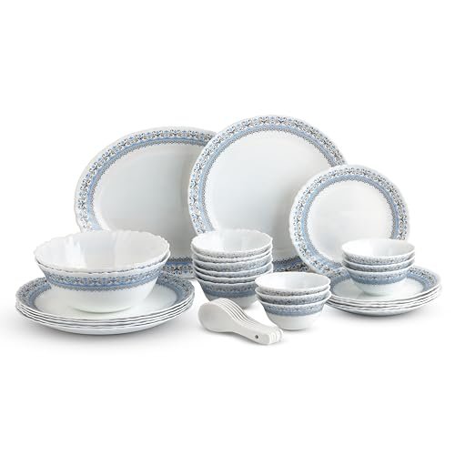 CELLO Aurum Imperial Plus Series Opalware Dinner Set of 33 Pieces for Family of 6 | Bone-Ash Free & Leadfree Opal Glass Microwave & Dishwasher Safe Crockery Plates & Bowls Set for Daily Use & Gifting