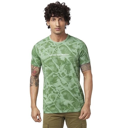 Spykar Men Sage Green Blended Slim Fit Half Sleeve Round Neck Printed Tshirt
