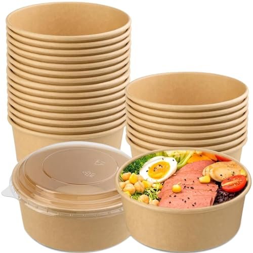 Amit Marketing 750 ML Round Brown Paper Food Container with Lids, Disposable Take Out Storage Box for Hot/Cold Foods, Party Supplies for Soup, Salad, Dessert, Pasta, Noodles (20 pcs)