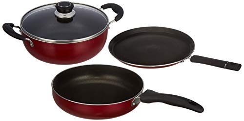 Amazon Brand – Solimo 3-Piece Aluminium Cookware Set – Fry Pan,Kadhai&Tawa|2-Way 3 Layer Non-Stick Coating|Induction Friendly Design|Pfoa Free|High Temperature Resistant Exterior Coating,Maroon