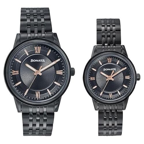 Sonata Wedding Edit Quartz Analog Black Dial Stainless Steel Strap Watch for Pair
