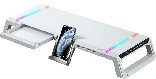 acer Ergo Multifunction Monitor & Laptop Stand Featuring RGB Lighting and a 4-Port USB Hub with Aluminum Multi Keyboard Storage Space Bar, Suitable for Both Office and Home Environments (White)