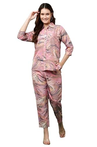 JUSTHER Women’s Co-ord Set | Shirt Top & Bottom Pant | Stylish Matching Set | Comfortable Fit Wear | Trendy Look Styling | Easy Movement | Perfect for Casual (Pink, XXL)