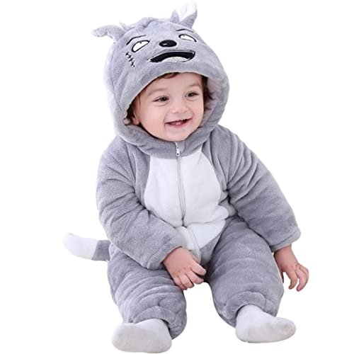 BRANDONN Unisex Baby Flannel Jumpsuit Panda Style Cosplay Clothes Outfits Snowsuit Hooded Romper Outwear (Grey Scars, 12-18 Months, Length : 65 cm x Chest : 35 cm)