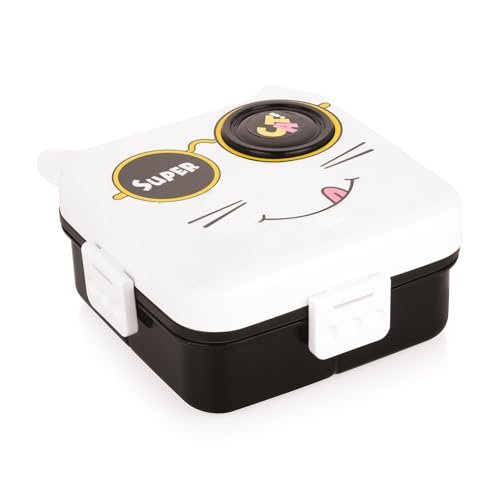 ATTRO Festive Super Cat Lunch Box 2 Layer Plastic Lunch Box Comes with 1 Detachable Tray, 1 Small Container & 1 Spoon Ideal for Kids BPA Free 1590ml+70ml- Black White