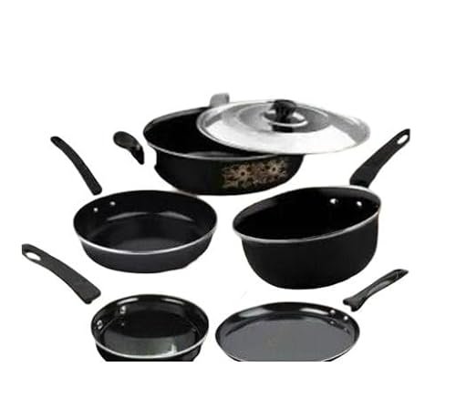 Ceramic Coated Cast Iron Non Stick Induction Cookware Set 6 Piece Kadai Fry Pan Tawa Saucepan Milk Pan Kitchen Set Black Free Size