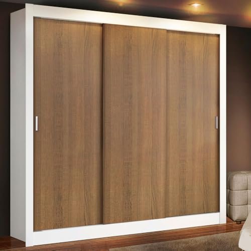 Madesa 3 Sliding Doors Wardrobe Ample Storage Wooden Almirah 170 Cm with Shelves, Drawers and Hanging Units for Bedroom – White/Brown