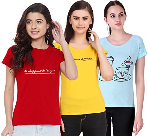 NIVIK Women’s Cotton Printed T-Shirt (Multicolour, Large) -Combo Pack of 3
