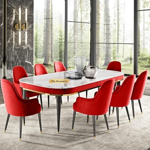 The Homeartz 8-Seater Modern Wooden Dining Table Set | 2 Year Warranty | Created Italian Statuario Marble Top | Elegant Composite Marble Table with 8 Chairs (Maroon)