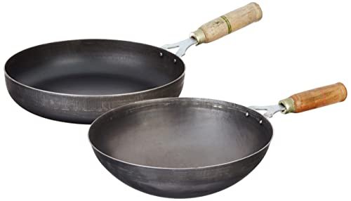 Amazon Brand – Solimo Sheet Metal Iron Cookware Set of 2 Pc (Wok 24 cm Dia, Induction Base Fryng Pan 24 cm Dia) 100% Toxin-Free, Naturally Non-Stick, Long Lasting