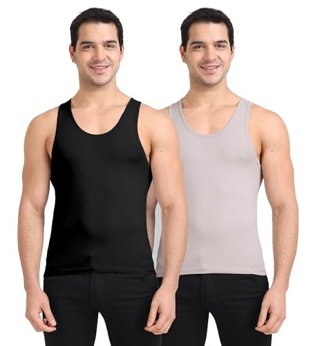 Freecultr Cotton Vest for Men Sleeveless Lightweight Solid Round Neck Comfort Vests Breathable & Comfortable Innerwear Sando for Man Regular Fit – 2XL Pack of 2-Black,Light Grey