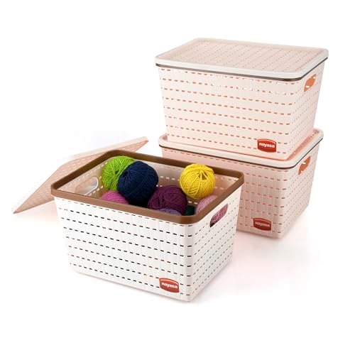 Nayasa Gloria Plastic Basket for Storage | Vegetable & Fruit Basket | Multipurpose Storage Box and Organiser Basket with Lid | Big – Set of 3 | Peach