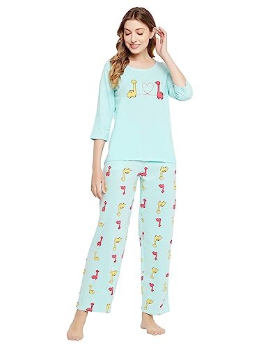 Clovia Women’s Cotton Graphic Print Top & Pyjama Set (LS0680D03_Blue_S)