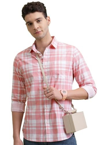 Highlander Men Cotton Slim Fit Shirt (PHSH000014_LT Pink/White L)