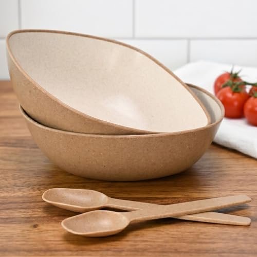 Eha Set of 2 Earth-Friendly Multipurpose Bowls for Kitchen with Spoons | 750 ml | Made with Rice Husk Biocomposite| Microwave Safe Bowl | for Hot & Cold Serving Bowl Set | Tortilla