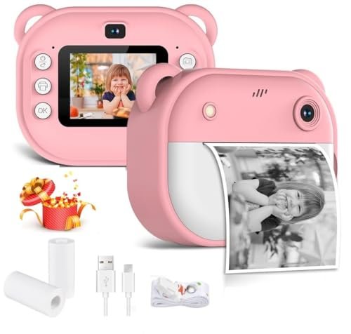Kids Instant Print Camera – Mini Digital HD Photo & Video Camcorder with Games | Fun Learning Toy for Boys & Girls Ages 4-18 | Includes 2 Print Rolls – Ideal Gift for Kids (Pink)