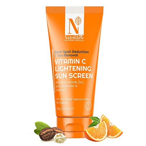 NutriGlow Advanced Organics Sunscreen SPF50 PA+++ Vitamin C Lightening Sunscreen for Oily Skin, Dark Spot Reduction And Tan Removal No White Cast, All Skin Types