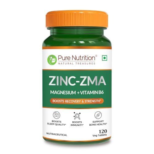 PURE NUTRITION NATURAL TREASURES Zinc ZMA Supplements for Men and Women | Zinc Magnesium Tablets for Muscle Recovery, Bone Support, Stress Relief and to Enhance Sleep Quality (120 Tablets)