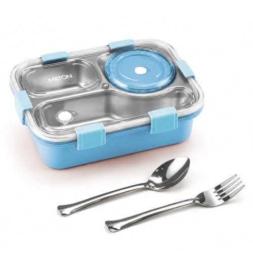 MILTON Meal Caddy Bento Stainless Steel Lunch Box, 3 Compartments, 4-Side Lock, with Tray, Spoon, Fork & Container for Kids, School, Office, Travel, BPA Free, 750 ml, Light Blue
