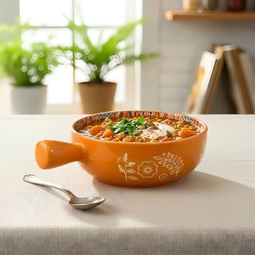 Amazon Basics Mandala Ceramic Snack Bowl with Handle (600 ml) – Microwave & Dishwasher Safe Serving Bowl – Ideal for Soup, Curries, Salad & Noodles (Yellow)
