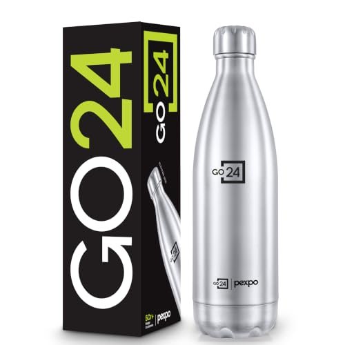 Go24 pexpo Bottle 1 LTR| Hot and Cold Flask | ISI Certified Stainless Steel | 3 Layer Insulation | Leakproof | for Home, Office | 2-Year Warranty | Electro 980ml | Silver