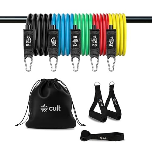 Cult Resistance Bands Set of 11 with Handles, Door Anchor, Ankle Straps & Carry Bag – Heavy Duty Toning Tubes for Full Body Workout, Strength Training, Home Gym & Fitness (Up to 45kg Resistance)