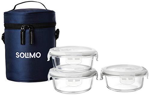 Amazon Brand – Solimo Glass Lunch Box Set with Sliding Air Vents and Bag (3 pieces, 400ml, Transparent)