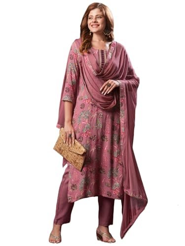 GoSriKi Women’s Rayon Blend Printed Straight Kurta with Pant & Dupatta (VICE Peach-VKS02-GS_L_Peach_Large)