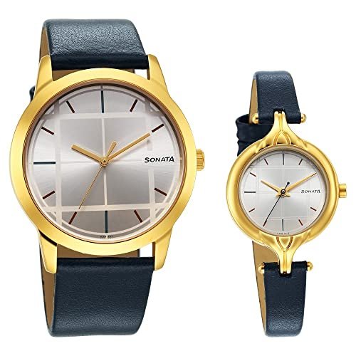 Sonata Quartz Analog Silver Dial Leather Strap Watch for Couple-NS7712587040YL01P